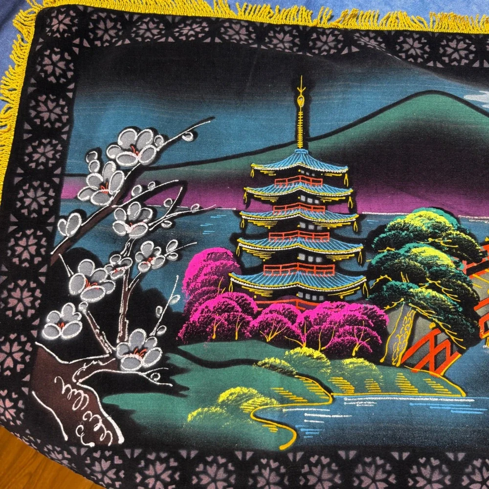 Vintage Japanese Velvet Wall Hanging Mount Fuji Pagoda Landscape Fringe 45x18